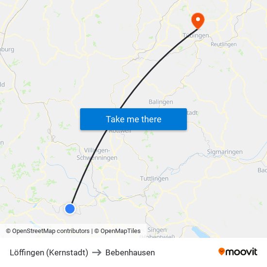 Löffingen (Kernstadt) to Bebenhausen map