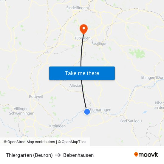 Thiergarten (Beuron) to Bebenhausen map