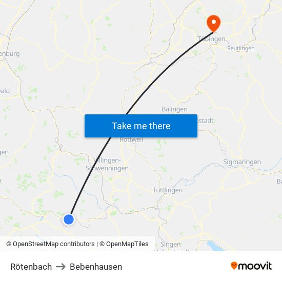 Rötenbach to Bebenhausen map