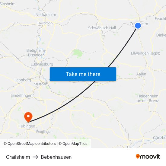 Crailsheim to Bebenhausen map