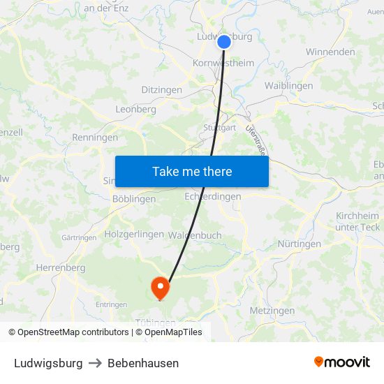 Ludwigsburg to Bebenhausen map