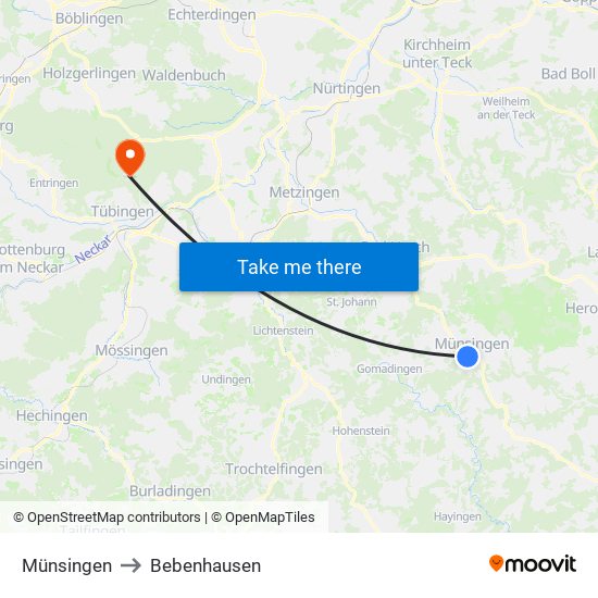 Münsingen to Bebenhausen map