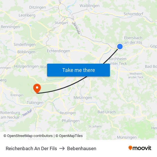 Reichenbach An Der Fils to Bebenhausen map