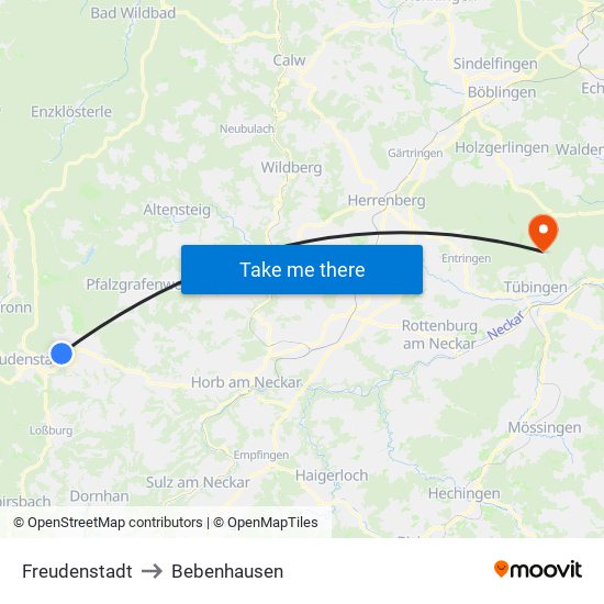 Freudenstadt to Bebenhausen map