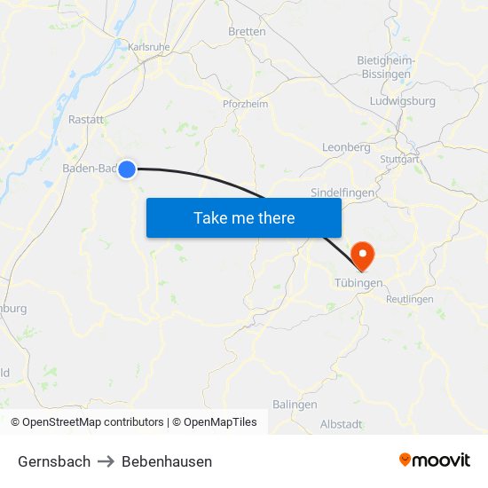 Gernsbach to Bebenhausen map