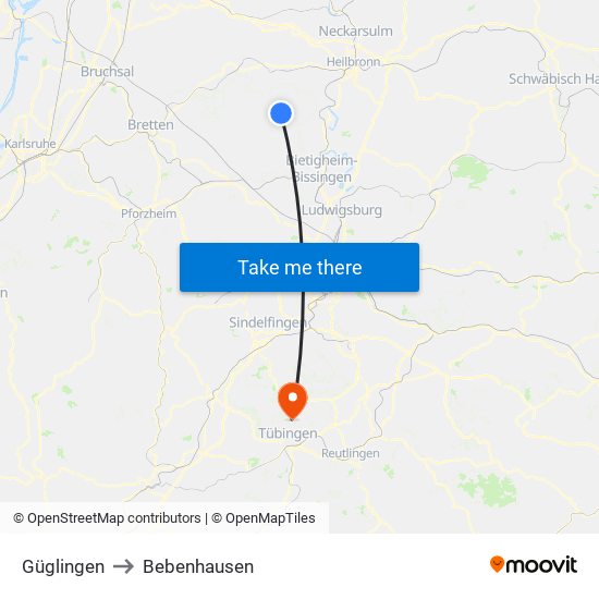 Güglingen to Bebenhausen map