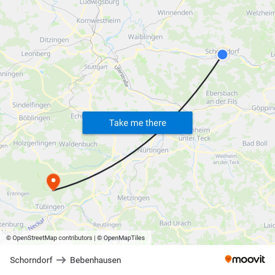 Schorndorf to Bebenhausen map