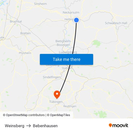 Weinsberg to Bebenhausen map