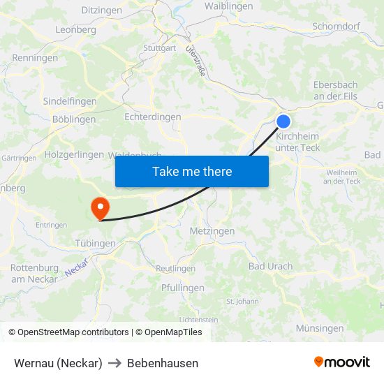 Wernau (Neckar) to Bebenhausen map