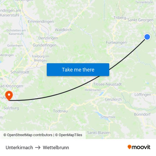 Unterkirnach to Wettelbrunn map