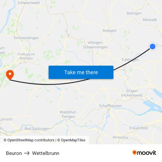 Beuron to Wettelbrunn map