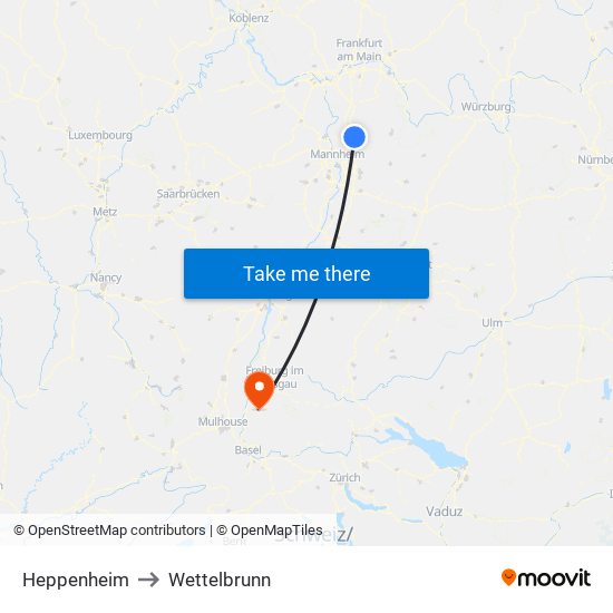 Heppenheim to Wettelbrunn map