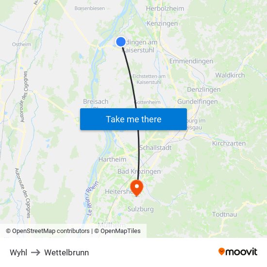 Wyhl to Wettelbrunn map