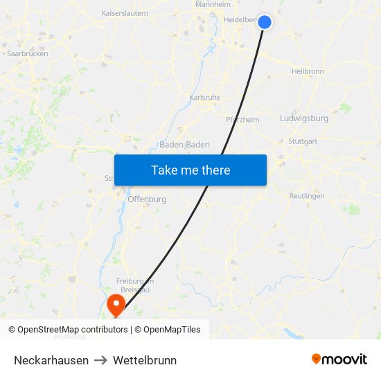 Neckarhausen to Wettelbrunn map