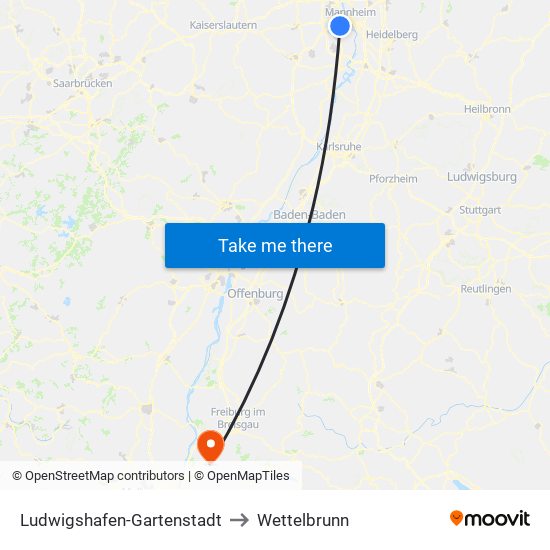 Ludwigshafen-Gartenstadt to Wettelbrunn map