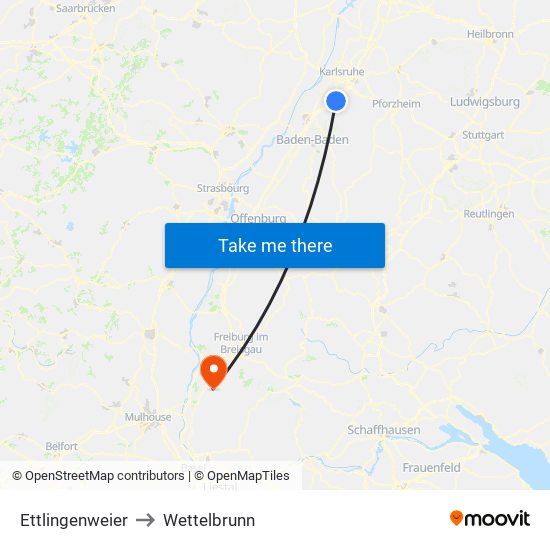 Ettlingenweier to Wettelbrunn map