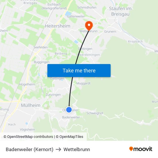 Badenweiler (Kernort) to Wettelbrunn map