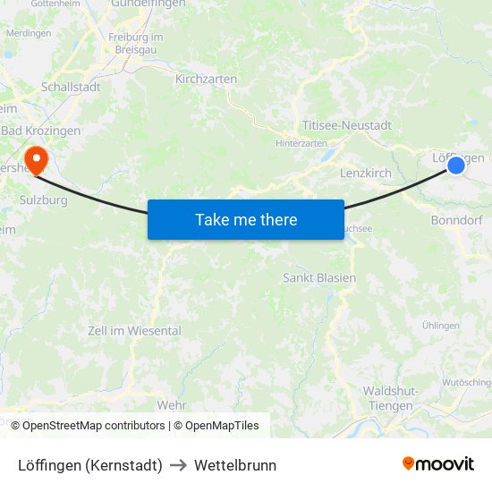 Löffingen (Kernstadt) to Wettelbrunn map