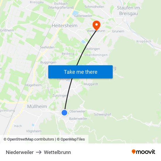 Niederweiler to Wettelbrunn map