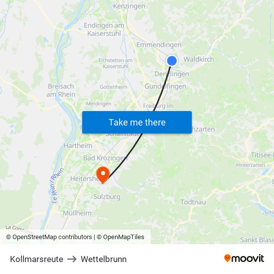 Kollmarsreute to Wettelbrunn map