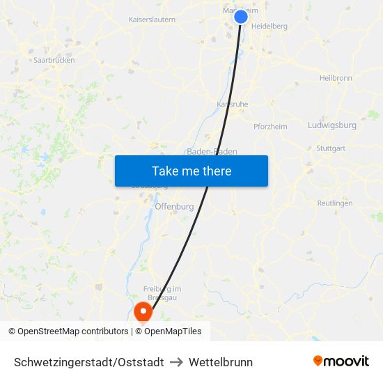 Schwetzingerstadt/Oststadt to Wettelbrunn map