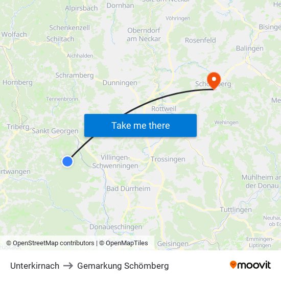 Unterkirnach to Gemarkung Schömberg map