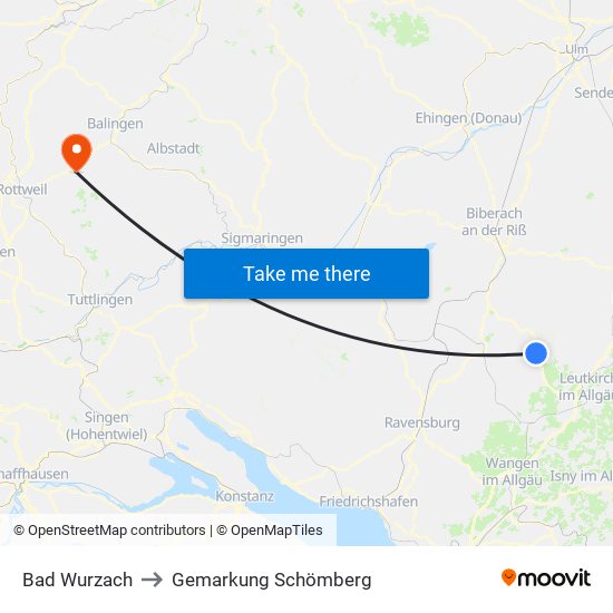 Bad Wurzach to Gemarkung Schömberg map