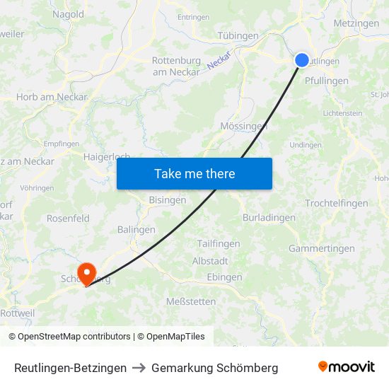 Reutlingen-Betzingen to Gemarkung Schömberg map