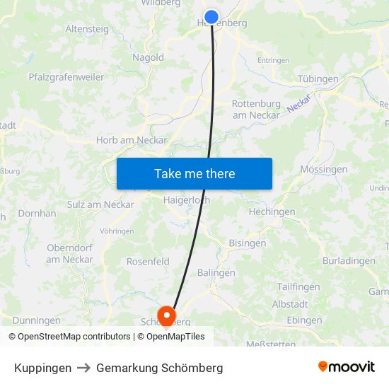 Kuppingen to Gemarkung Schömberg map
