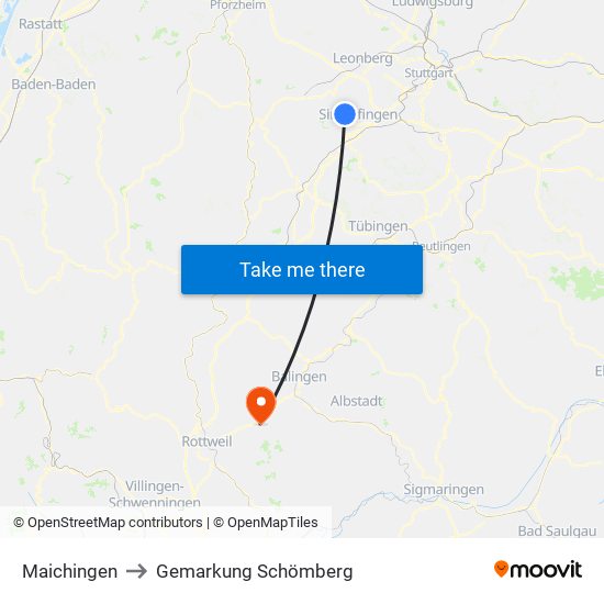 Maichingen to Gemarkung Schömberg map