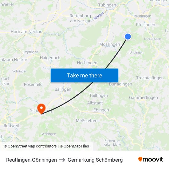 Reutlingen-Gönningen to Gemarkung Schömberg map