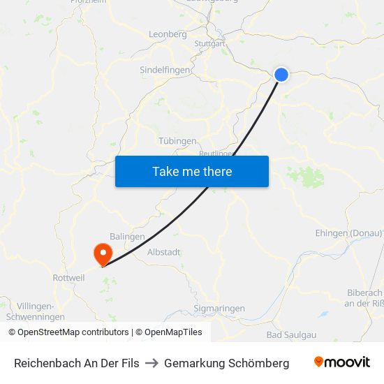 Reichenbach An Der Fils to Gemarkung Schömberg map