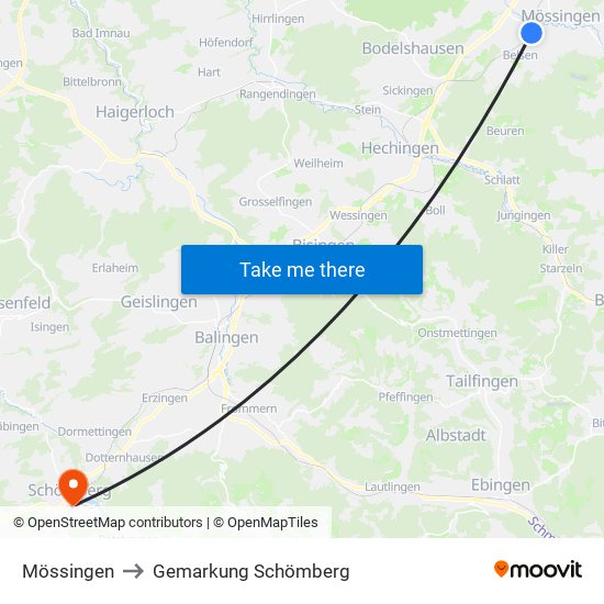 Mössingen to Gemarkung Schömberg map