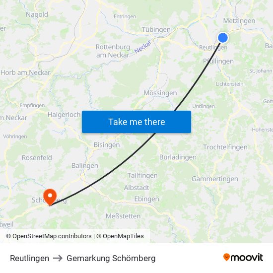 Reutlingen to Gemarkung Schömberg map