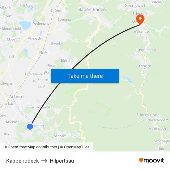 Kappelrodeck to Hilpertsau map