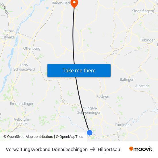 Verwaltungsverband Donaueschingen to Hilpertsau map