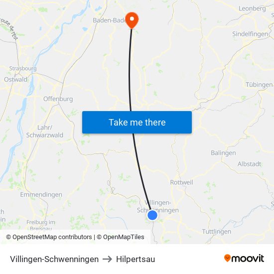 Villingen-Schwenningen to Hilpertsau map