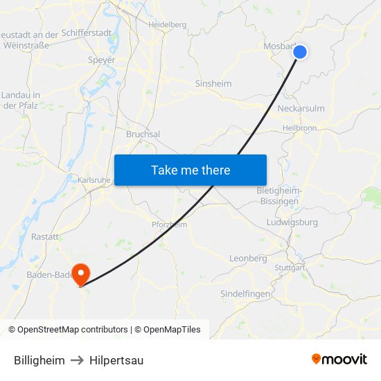 Billigheim to Hilpertsau map