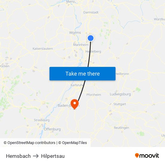 Hemsbach to Hilpertsau map