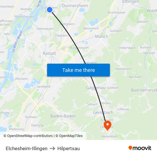 Elchesheim-Illingen to Hilpertsau map