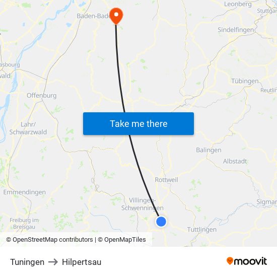 Tuningen to Hilpertsau map