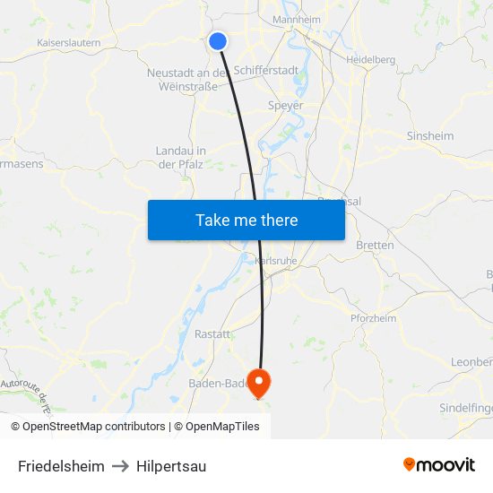 Friedelsheim to Hilpertsau map