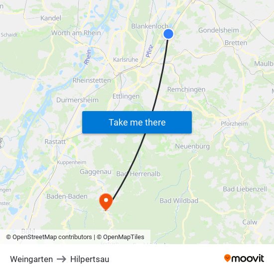 Weingarten to Hilpertsau map