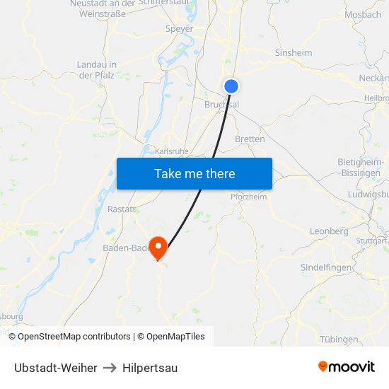 Ubstadt-Weiher to Hilpertsau map