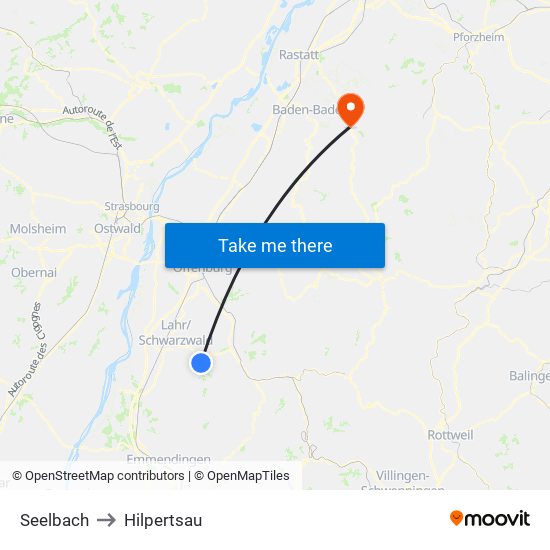 Seelbach to Hilpertsau map