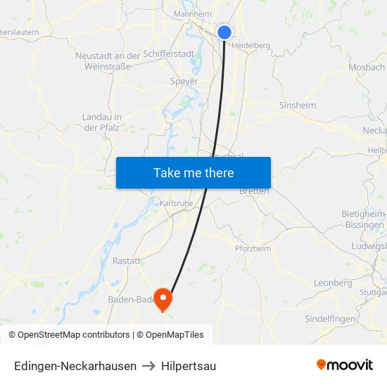 Edingen-Neckarhausen to Hilpertsau map