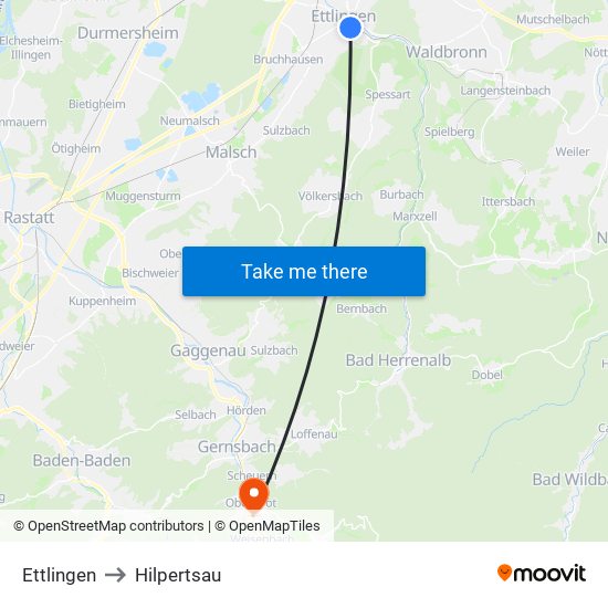 Ettlingen to Hilpertsau map