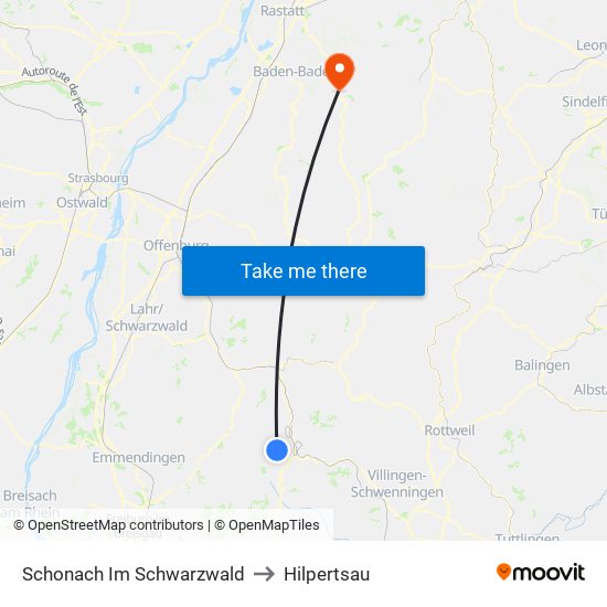 Schonach Im Schwarzwald to Hilpertsau map