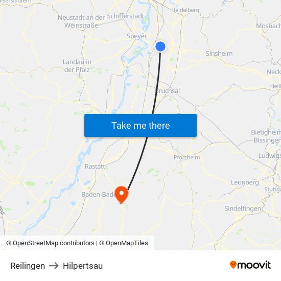 Reilingen to Hilpertsau map