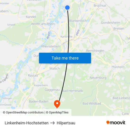 Linkenheim-Hochstetten to Hilpertsau map